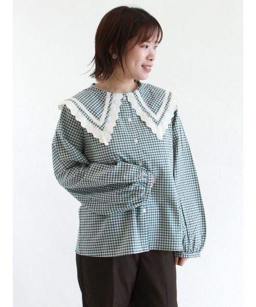 ehka sopo（エヘカソポ）の「【カタログ掲載アイテム】無地/チェックアソートビッグ襟ブラウス（シャツ/ブラウス・レディース・ブラック/ブラウン/オフホワイト/グリーン・ﾌﾘ-）」の8枚目の写真