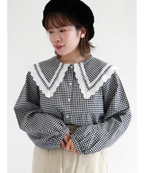 ehka sopo（エヘカソポ）の「【カタログ掲載アイテム】無地/チェックアソートビッグ襟ブラウス（シャツ/ブラウス・レディース・ブラック/ブラウン/オフホワイト/グリーン・ﾌﾘ-）」の6枚目の写真