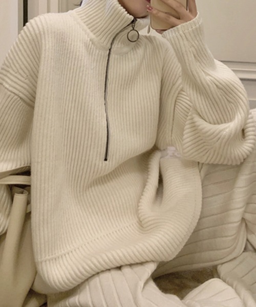 SMILE ORCHID(スマイルオーキッド)の「ハーフジップニット(ニット/セーター・レディース・ホワイト/ブラック・FREE)」の2枚目の写真