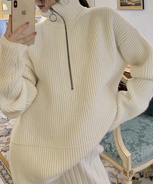 SMILE ORCHID(スマイルオーキッド)の「ハーフジップニット(ニット/セーター・レディース・ホワイト/ブラック・FREE)」の3枚目の写真