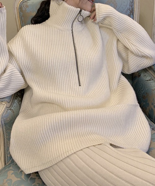 SMILE ORCHID(スマイルオーキッド)の「ハーフジップニット(ニット/セーター・レディース・ホワイト/ブラック・FREE)」の5枚目の写真