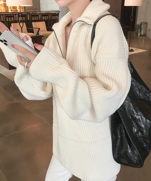 SMILE ORCHID(スマイルオーキッド)の「ハーフジップニット(ニット/セーター・レディース・ホワイト/ブラック・FREE)」の6枚目の写真