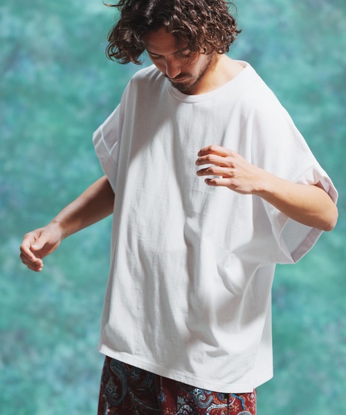 Jih Nunc（ジーヌンク）の「mt7711-ロールアップノースリーブワイドシルエットカットソー（Tシャツ/カットソー・メンズ・オレンジ/ブラック/ホワイト・M/S/L）」の5枚目の写真