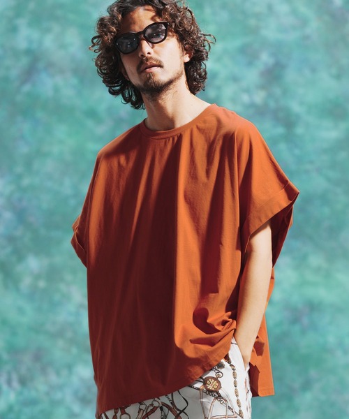 Jih Nunc（ジーヌンク）の「mt7711-ロールアップノースリーブワイドシルエットカットソー（Tシャツ/カットソー・メンズ・オレンジ/ブラック/ホワイト・M/S/L）」の9枚目の写真
