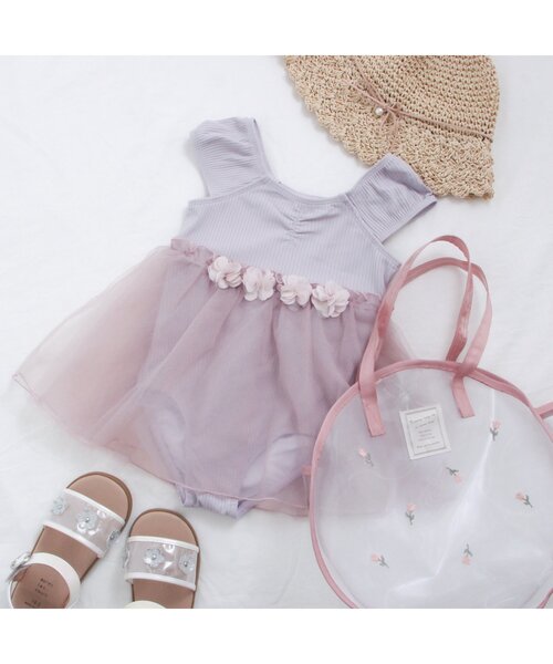 apres les cours（アプレレクール）の「チュールワンピース水着_UVカット（水着・キッズ・ラベンダー/チェック・80/130/110/120/140/100/90）」の2枚目の写真