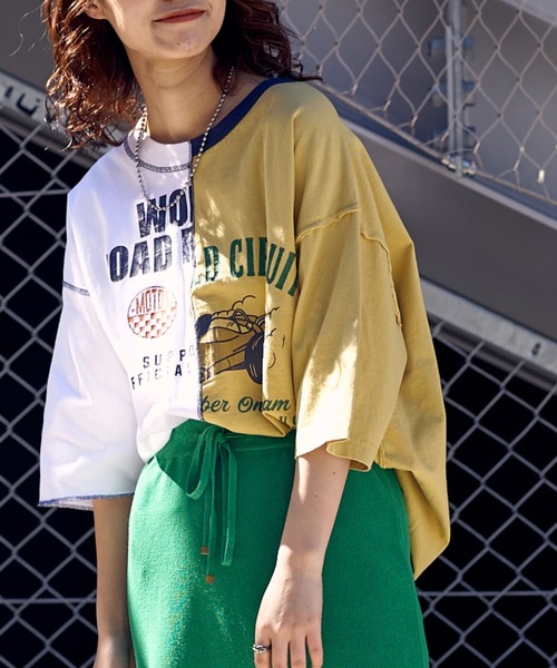 etsinta（エシンタ）の「【etsinta/エシンタ】カラーブロックリメイクTEE（Tシャツ/カットソー・レディース・ブラック/イエロー・ONE SIZE）」の2枚目の写真