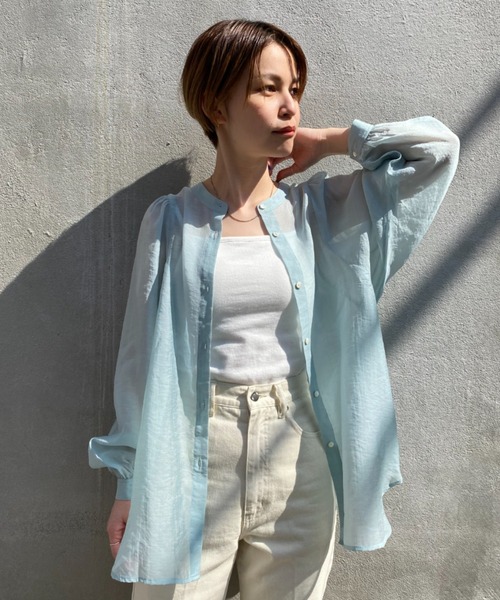 CIAOPANIC（チャオパニック）の「真夏まで着回し可能！シアーギャザーブラウス（シャツ/ブラウス・レディース・オフホワイト/ピンク/スカイブルー・FREE）」の6枚目の写真