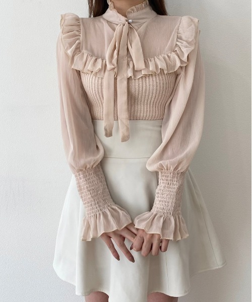 titty&Co. PETIT by poyo(ティティーアンドコープティバイポヨ)の「【titty&Co.PETIT by POYO】【2way】チュール切替フリルトップス(シャツ/ブラウス・レディース・ベージュ/ホワイト/ブラック・FREE)」の4枚目の写真