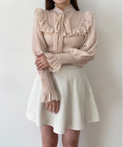 titty&Co. PETIT by poyo(ティティーアンドコープティバイポヨ)の「【titty&Co.PETIT by POYO】【2way】チュール切替フリルトップス(シャツ/ブラウス・レディース・ベージュ/ホワイト/ブラック・FREE)」の6枚目の写真