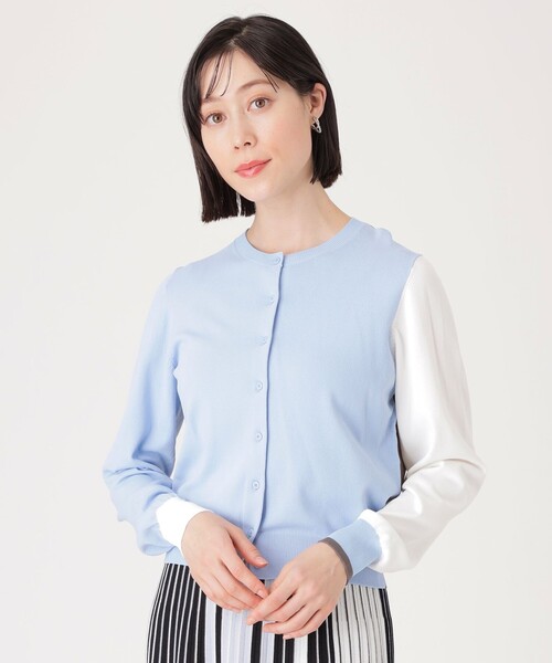 CAST:(キャストコロン)の「【1枚で着映える】バイカラーニットカーディガン(ニット/セーター・レディース・ネイビー/オフホワイト/ブルー・M)」の1枚目の写真