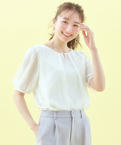 ANY SIS(エニィスィス)の「【吸水速乾・UVケア・接触冷感】コンフォートジャージー ブラウス(Tシャツ/カットソー・レディース・ホワイト系/ピンク系/スカイブルー系/ネイビー系・0)」の2枚目の写真