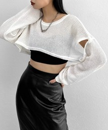 【LVEU.】カットアウトクロップドメッシュニット / トップス クロップド ニット ショート メッシュ カットアウト レイヤード ホワイト ブラック ライトグレー グレー ブルー