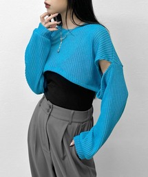 【LVEU.】カットアウトクロップドメッシュニット / トップス クロップド ニット ショート メッシュ カットアウト レイヤード ホワイト ブラック ライトグレー グレー ブルー