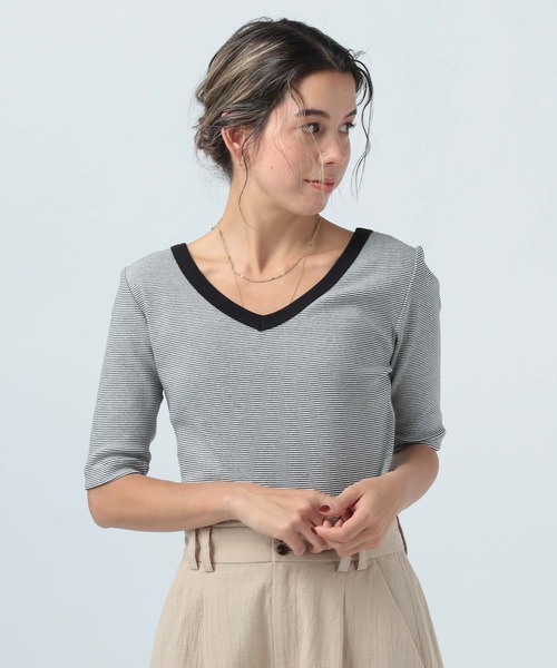 BAYFLOW（ベイフロー）の「2WAYボーダープルオーバー（Tシャツ/カットソー・レディース・オフホワイト/オレンジ/ライトオリーブ・SMALL/MEDIUM）」の2枚目の写真