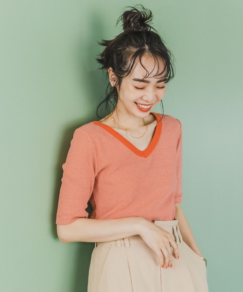 BAYFLOW（ベイフロー）の「2WAYボーダープルオーバー（Tシャツ/カットソー・レディース・オフホワイト/オレンジ/ライトオリーブ・SMALL/MEDIUM）」の19枚目の写真