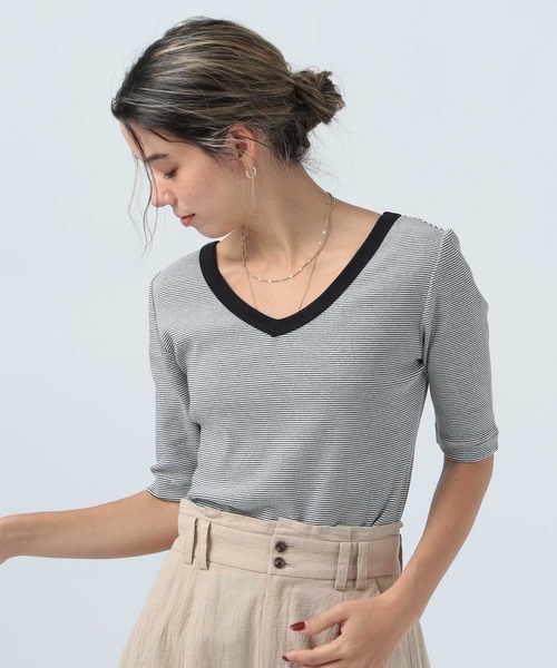 BAYFLOW（ベイフロー）の「2WAYボーダープルオーバー（Tシャツ/カットソー・レディース・オフホワイト/オレンジ/ライトオリーブ・SMALL/MEDIUM）」の12枚目の写真