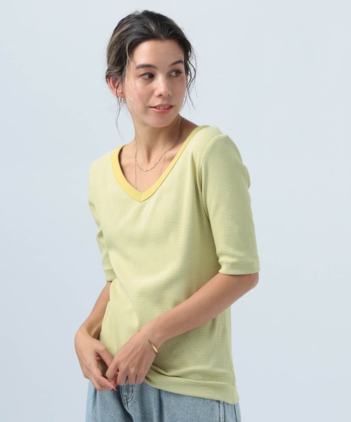 BAYFLOW（ベイフロー）の「2WAYボーダープルオーバー（Tシャツ/カットソー・レディース・オフホワイト/オレンジ/ライトオリーブ・SMALL/MEDIUM）」の6枚目の写真