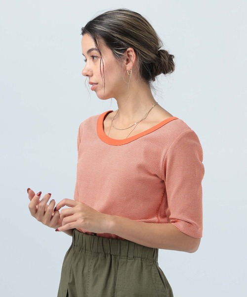 BAYFLOW（ベイフロー）の「2WAYボーダープルオーバー（Tシャツ/カットソー・レディース・オフホワイト/オレンジ/ライトオリーブ・SMALL/MEDIUM）」の20枚目の写真