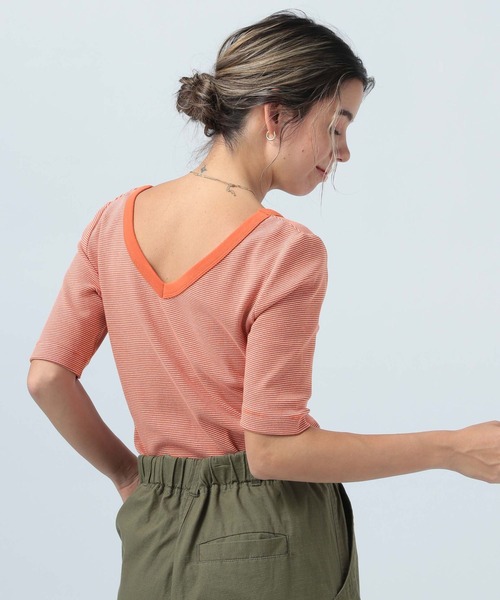 BAYFLOW（ベイフロー）の「2WAYボーダープルオーバー（Tシャツ/カットソー・レディース・オフホワイト/オレンジ/ライトオリーブ・SMALL/MEDIUM）」の9枚目の写真