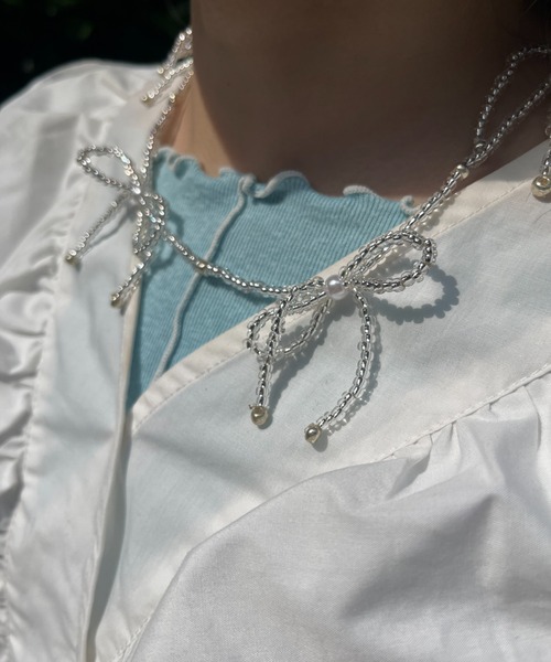 WEGO(ウィゴー)の「WEGO/【一部店限定】ビーズリボンネックレス(ネックレス・レディース・オフホワイト/その他1/シルバー/ブラック/その他2・FREE)」の1枚目の写真