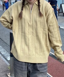 【PICSAS】ストライプラインハーフジップポロニット