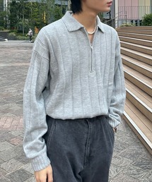 【PICSAS】ストライプラインハーフジップポロニット