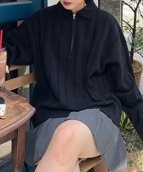 PICSAS（ピクサス）の「【PICSAS】ストライプラインハーフジップポロニット（ニット/セーター・メンズ・ブラック/グリーン/ライトグレー/ベージュ・L/M）」の2枚目の写真