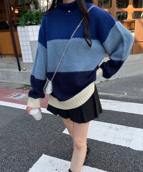 nemne store(ネンネストア)の「【低身長サイズあり】モヘアライクボーダーニット(ニット/セーター・レディース・ブラック系/グレー系/ベージュ系/ネイビー系・SMALL/MEDIUM)」の1枚目の写真