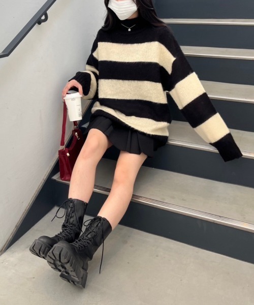 nemne store(ネンネストア)の「【低身長サイズあり】モヘアライクボーダーニット(ニット/セーター・レディース・ブラック系/グレー系/ベージュ系/ネイビー系・SMALL/MEDIUM)」の6枚目の写真