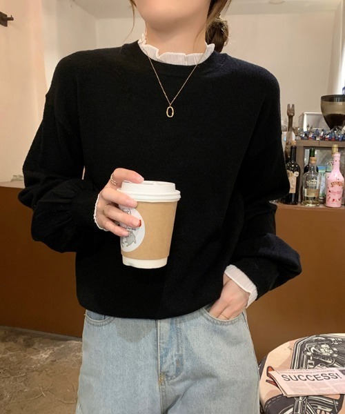 COCOMOMO(ココモモ)の「レースフリルニット ランタンスリーブ フリル ニット(ニット/セーター・レディース・ベージュ/アイボリー/ブラック/ホワイト・FREE)」の4枚目の写真