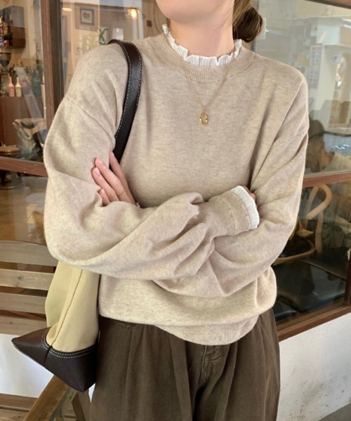 COCOMOMO(ココモモ)の「レースフリルニット ランタンスリーブ フリル ニット(ニット/セーター・レディース・ベージュ/アイボリー/ブラック/ホワイト・FREE)」の14枚目の写真