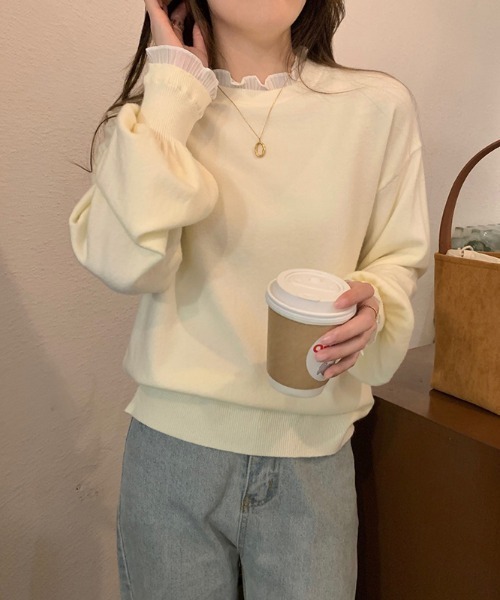 COCOMOMO(ココモモ)の「レースフリルニット ランタンスリーブ フリル ニット(ニット/セーター・レディース・ベージュ/アイボリー/ブラック/ホワイト・FREE)」の5枚目の写真