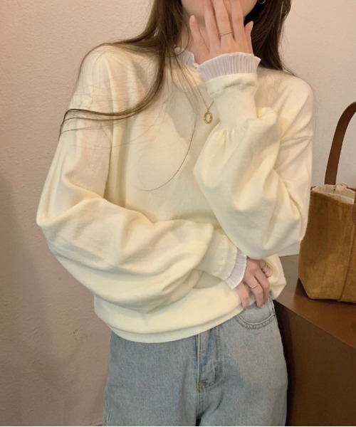 COCOMOMO(ココモモ)の「レースフリルニット ランタンスリーブ フリル ニット(ニット/セーター・レディース・ベージュ/アイボリー/ブラック/ホワイト・FREE)」の6枚目の写真