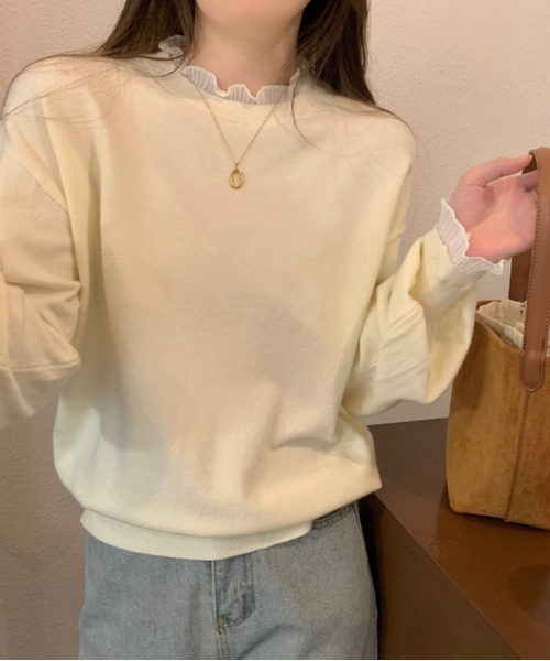 COCOMOMO(ココモモ)の「レースフリルニット ランタンスリーブ フリル ニット(ニット/セーター・レディース・ベージュ/アイボリー/ブラック/ホワイト・FREE)」の7枚目の写真