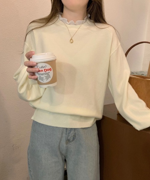 COCOMOMO(ココモモ)の「レースフリルニット ランタンスリーブ フリル ニット(ニット/セーター・レディース・ベージュ/アイボリー/ブラック/ホワイト・FREE)」の8枚目の写真