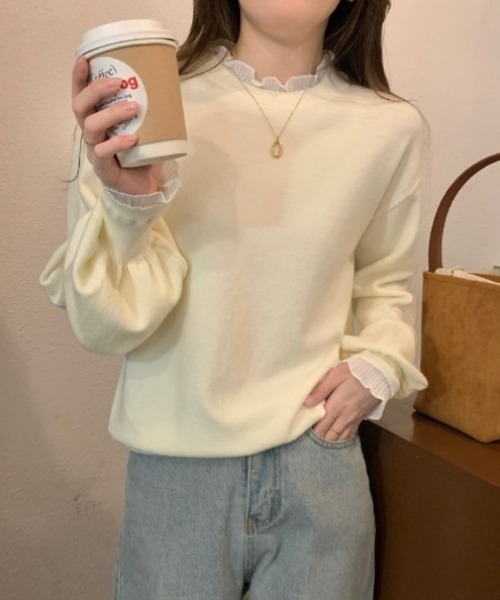 COCOMOMO(ココモモ)の「レースフリルニット ランタンスリーブ フリル ニット(ニット/セーター・レディース・ベージュ/アイボリー/ブラック/ホワイト・FREE)」の9枚目の写真