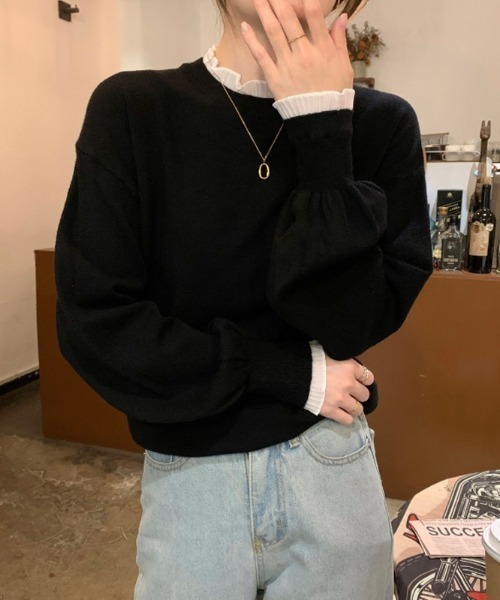COCOMOMO(ココモモ)の「レースフリルニット ランタンスリーブ フリル ニット(ニット/セーター・レディース・ベージュ/アイボリー/ブラック/ホワイト・FREE)」の11枚目の写真