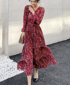 2020 S/S ペイズリーワンピース/Vネックミモレ丈半袖柄ワンピース