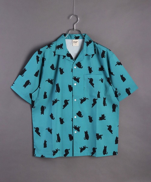 ストレッチ インクジェットプリント 半袖 オープンカラーシャツ(猫  