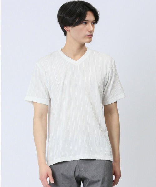 m.f.editorial（エムエフエディトリアル）の「【ストレッチ】m.f.エディトリアル メンズ タックストライプ フェイクVネック半袖Tシャツ（Tシャツ/カットソー・メンズ・ホワイト/ブラック/ライトグリーン・LARGE/MEDIUM）」の2枚目の写真