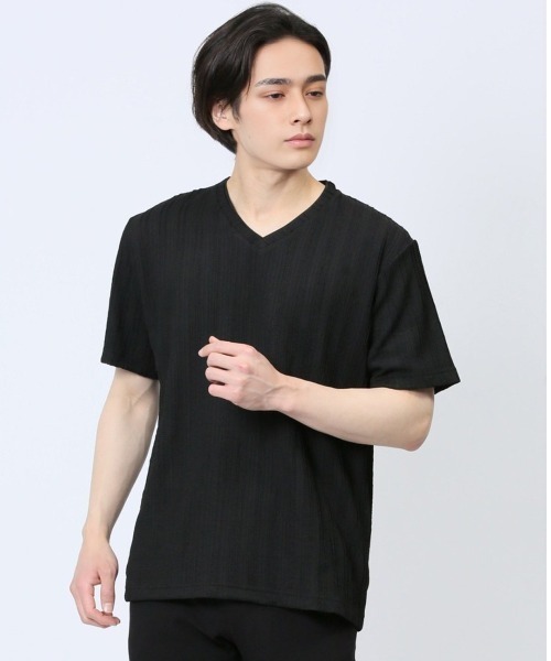 m.f.editorial（エムエフエディトリアル）の「【ストレッチ】m.f.エディトリアル メンズ タックストライプ フェイクVネック半袖Tシャツ（Tシャツ/カットソー・メンズ・ホワイト/ブラック/ライトグリーン・LARGE/MEDIUM）」の3枚目の写真