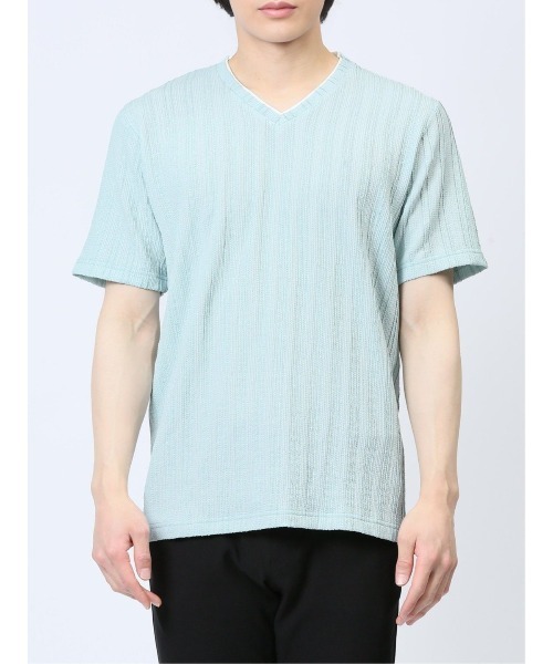 m.f.editorial（エムエフエディトリアル）の「【ストレッチ】m.f.エディトリアル メンズ タックストライプ フェイクVネック半袖Tシャツ（Tシャツ/カットソー・メンズ・ホワイト/ブラック/ライトグリーン・LARGE/MEDIUM）」の15枚目の写真