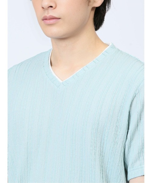 m.f.editorial（エムエフエディトリアル）の「【ストレッチ】m.f.エディトリアル メンズ タックストライプ フェイクVネック半袖Tシャツ（Tシャツ/カットソー・メンズ・ホワイト/ブラック/ライトグリーン・LARGE/MEDIUM）」の18枚目の写真