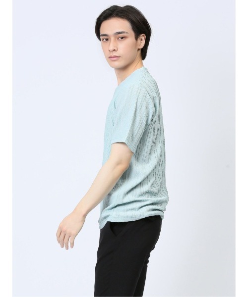 m.f.editorial（エムエフエディトリアル）の「【ストレッチ】m.f.エディトリアル メンズ タックストライプ フェイクVネック半袖Tシャツ（Tシャツ/カットソー・メンズ・ホワイト/ブラック/ライトグリーン・LARGE/MEDIUM）」の20枚目の写真