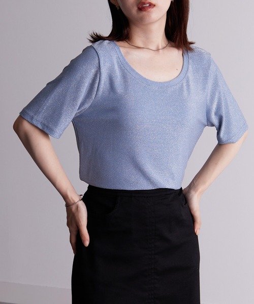 【小さいサイズ】ラメ入りネックデザインTシャツ/接触冷感/洗える 5color》UV ワンポイント刺繍デザインTシャツ【接触冷感/洗濯機
