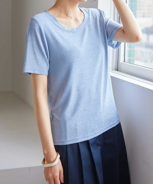【小さいサイズ】ラメ入りネックデザインTシャツ/接触冷感/洗える フロントロゴ刺繍Tシャツ【UVケア/洗濯機洗い可/接触冷感】（T