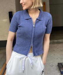 ダブルZIPピグメントリブニットトップス