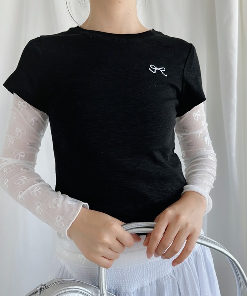 aimoha（アイモハ）の「リボン刺繍Tシャツ (SS)（Tシャツ/カットソー・レディース・グレー/ブルー/ブラック/ライトパープル/ホワイト・FREE）」の3枚目の写真