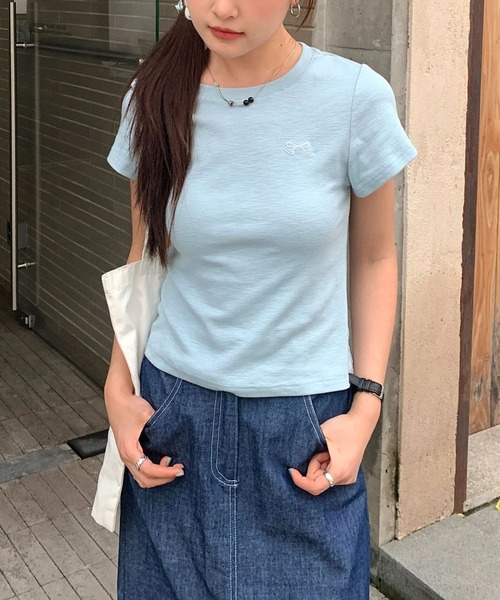 aimoha（アイモハ）の「リボン刺繍Tシャツ (SS)（Tシャツ/カットソー・レディース・グレー/ブルー/ブラック/ライトパープル/ホワイト・FREE）」の14枚目の写真