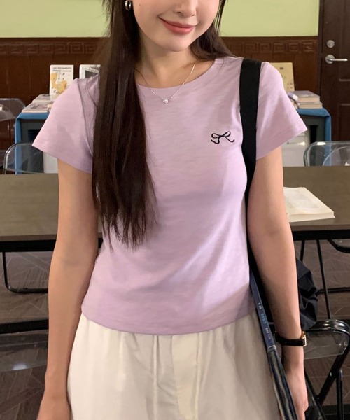 aimoha（アイモハ）の「リボン刺繍Tシャツ (SS)（Tシャツ/カットソー・レディース・グレー/ブルー/ブラック/ライトパープル/ホワイト・FREE）」の16枚目の写真